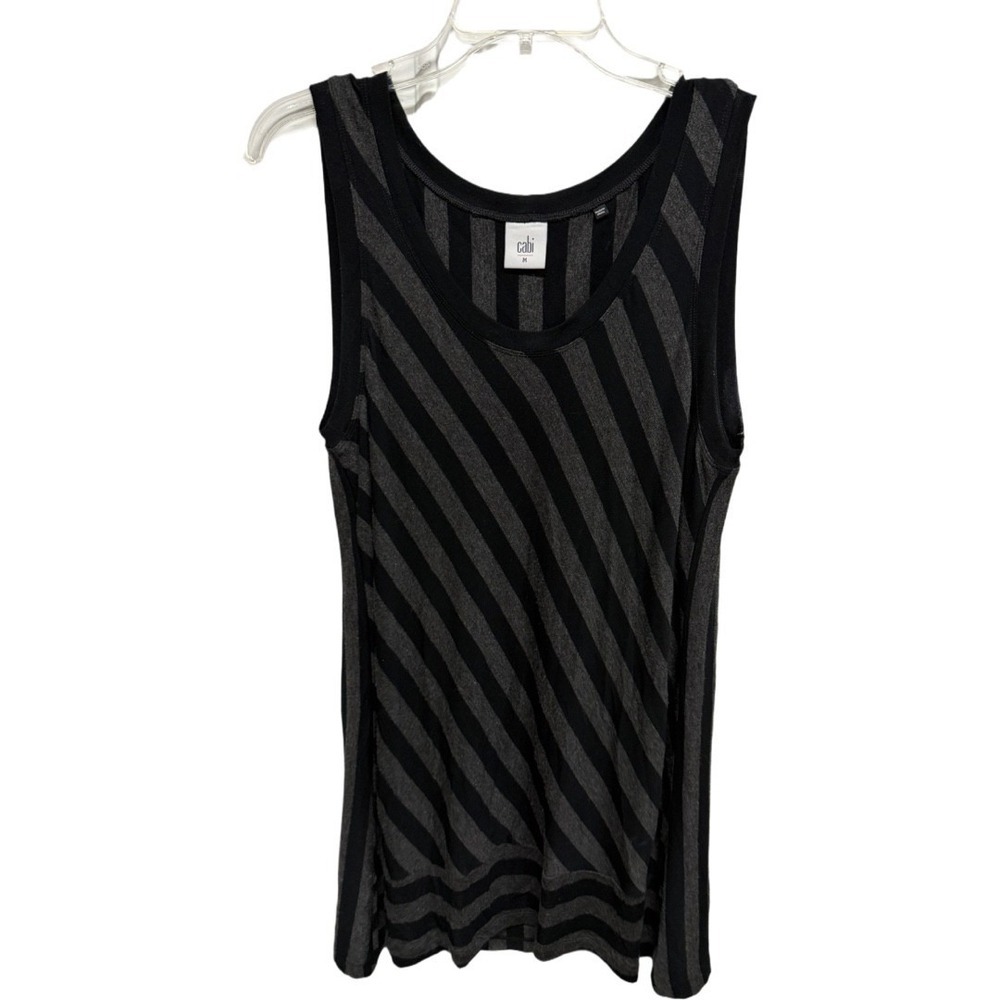 CAbi Align Tank Tunic Top Medium Black Charcoal Striped Sleeveless Stretch